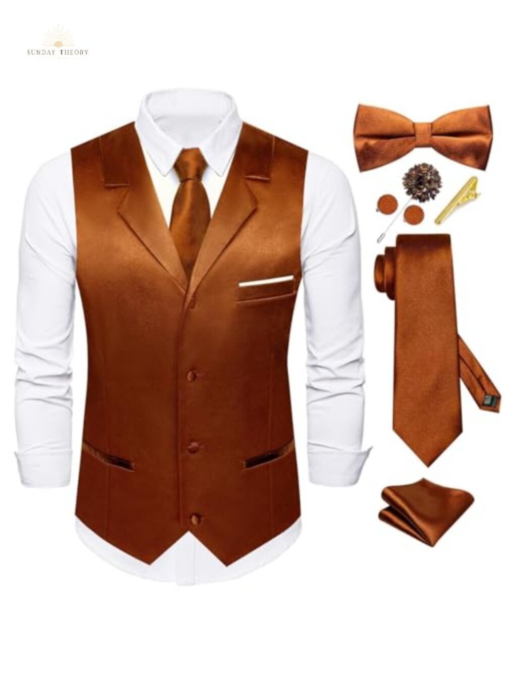 Mens Satin Vest and Tie Set 8-Piece Formal Waistcoat Bowtie Wedding Party